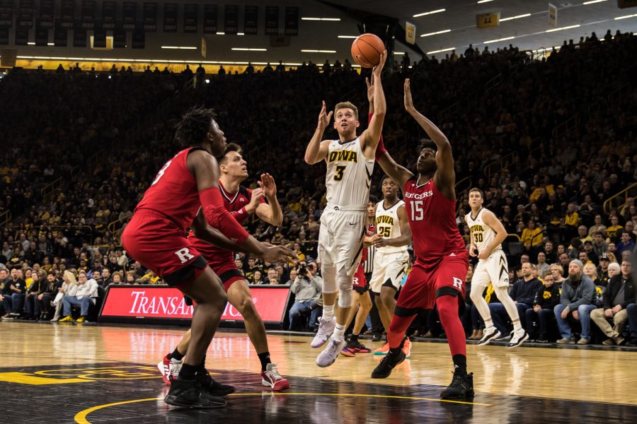 Iowa guard Jordan Bohannon lays the ball up during a mens basketball match between Iowa and Rutgers at Carver-Hawkeye Arena on Saturday, March 2, 2019. The Hawkeyes, celebrating senior night, fell to the Scarlet Knights, 86-72.