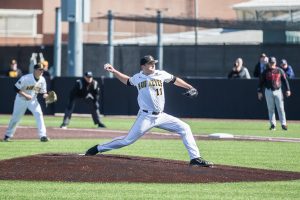 Iowa pitcher Cole McDonald throw a pitch during a baseball game between Iowa and Cal-State Northridge at Duane Banks Field on Saturday, March 16, 2019. The Hawkeyes dropped their home opener to the Matadors, 8-5.