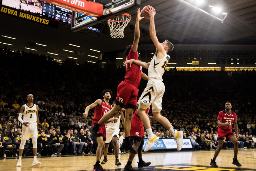 Iowa+guard+Joe+Wieskamp+drives+to+the+rim+during+a+mens+basketball+match+between+Iowa+and+Rutgers+at+Carver-Hawkeye+Arena+on+Saturday%2C+March+2%2C+2019.+The+Hawkeyes%2C+celebrating+senior+night%2C+fell+to+the+Scarlet+Knights%2C+86-72.