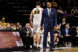 Interim Iowa coach Andrew Francis watches from the sideline during a mens basketball match between Iowa and Rutgers at Carver-Hawkeye Arena on Saturday, March 2, 2019. The Hawkeyes, celebrating senior night, fell to the Scarlet Knights, 86-72.