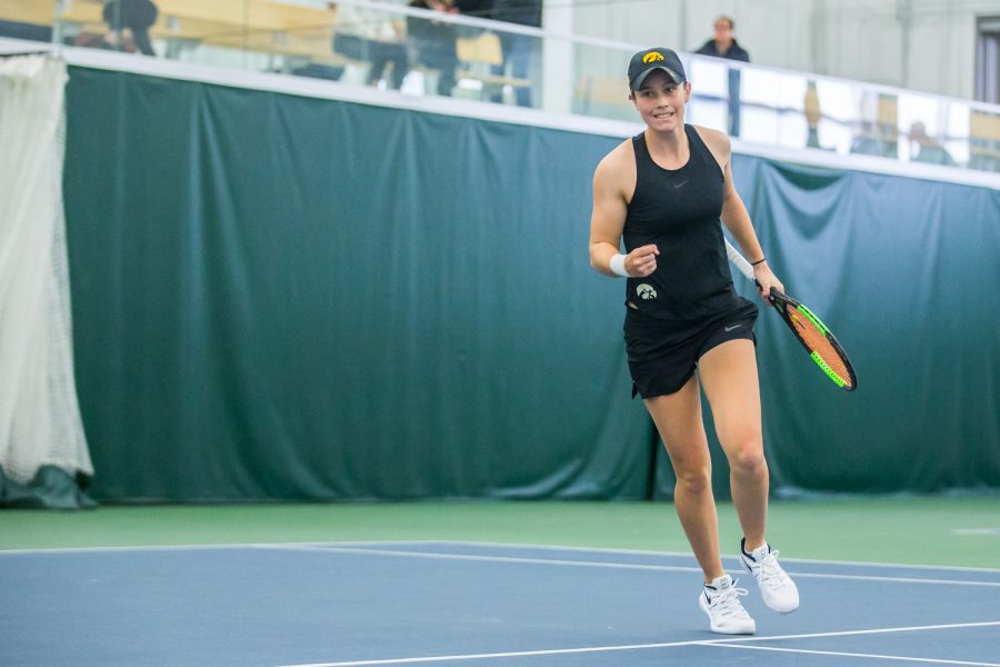 Iowas Elise Van Heuvelen Treadwell celebrates a point during a womens tennis match between Iowa and Indiana at the HTRC on Sunday, March 31, 2019. The Hawkeyes defeated the Hoosiers, 4-3.  .