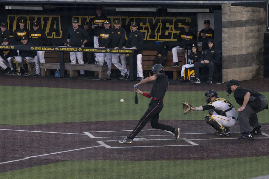 Rutgers left fielder Kevin Blum takes a swing at the Iowa vs Rutgers game at Duane Banks Field on Friday, April 4, 2019. Blum got one hit during the game. The Hawkeyes defeated the Scarlet Knights 6-1.