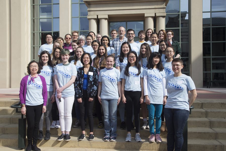 Attendees of the mathematics celebration pose for a group photo with organizers and volunteers of the event. High school students celebrated Math Day at the John Pappajohn Building on Saturday, April 6, 2019. (Hannah Kinson/The Daily Iowan)