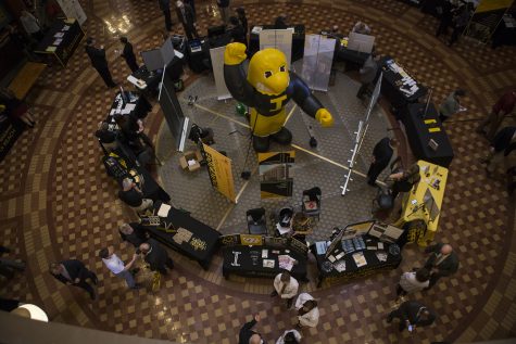 An inflatable Herky sits on the ground floor of the state Capitol during Hawkeye Caucus in Des Moines on April 9, 2019. The Hawkeye Caucus provides members of the UI community to come speak with Iowa legislators. 