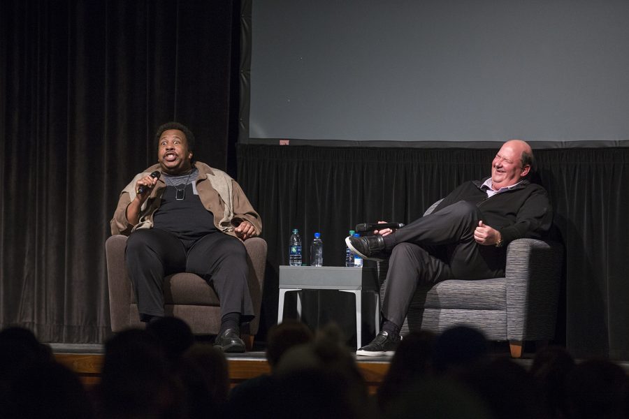 Comedians Leslie David Baker (Stanley) and Brian Baumgarter (Kevin), from The Office, speak at the IMU on Thursday, April 11, 2019. Baker (left) and Baumgarter shared anecdotes about their time on set and life following the shows end. 