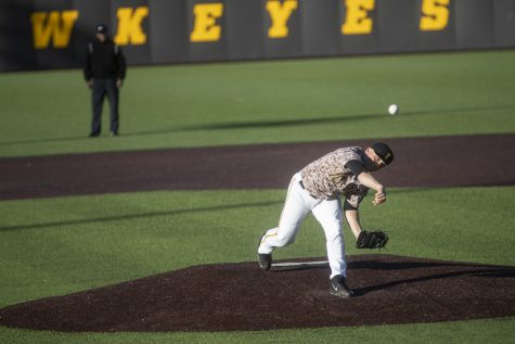 Iowas Cole McDonald pitches during a baseball game against Nebraska in Duane Banks Field on April 19, 2019. The Hawkeyes defeated the Cornhuskers 3-2.