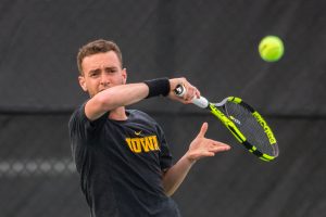 Iowas Kareem Allaf hits a forehand during a mens tennis match between Iowa and Illinois State at the HTRC on Sunday, April 21, 2019. The Hawkeyes defeated the Redbirds, 6-1.