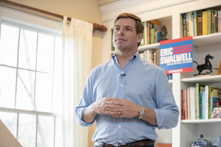 U.S. Rep. Eric Swalwell, D-Calif., speaks at a house party in North Liberty on Sunday, April 28, 2019. The stop was Swalwells first visit to Iowa since announcing his candidacy for the Democratic nomination for President.