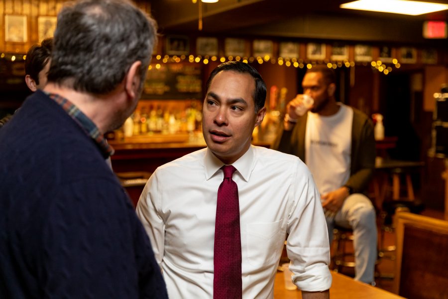 Julian Castro, former Secretary of Housing and Urban Development and current Democratic candidate for president takes questions from an attendee at The Mill before appearing on the Political Party Live podcast on Sunday, Apr. 14, 2019. 