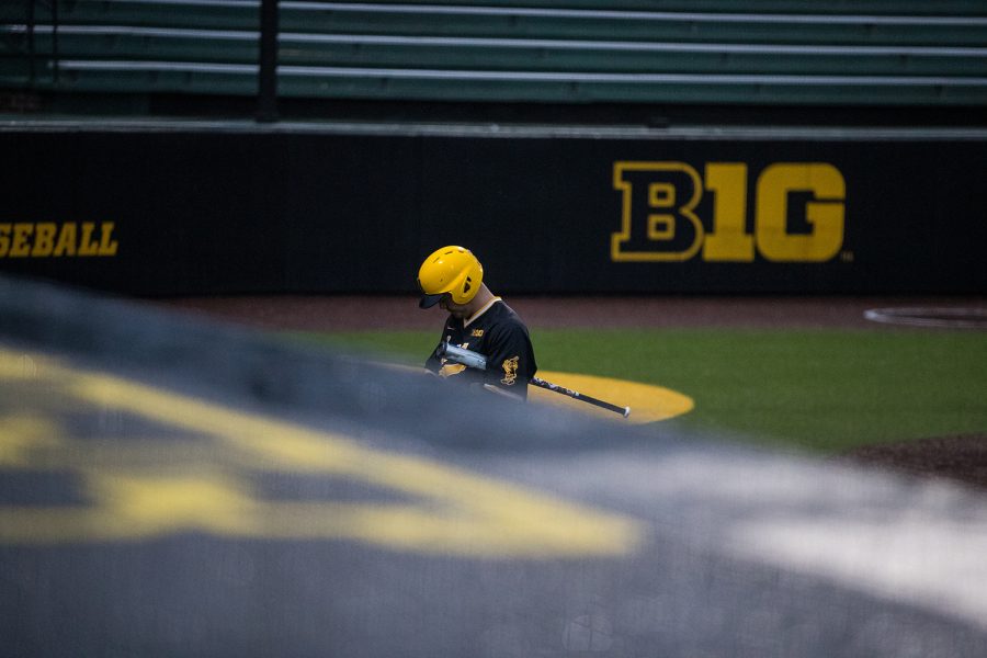 Iowas Like Farley walks towards the dugout after getting struckout during a baseball game against Illinois State on Wednesday, Apr. 3, 2019. The Hawkeyes lost to the Redbirds 11-6. (Roman Slabach/The Daily Iowan)
