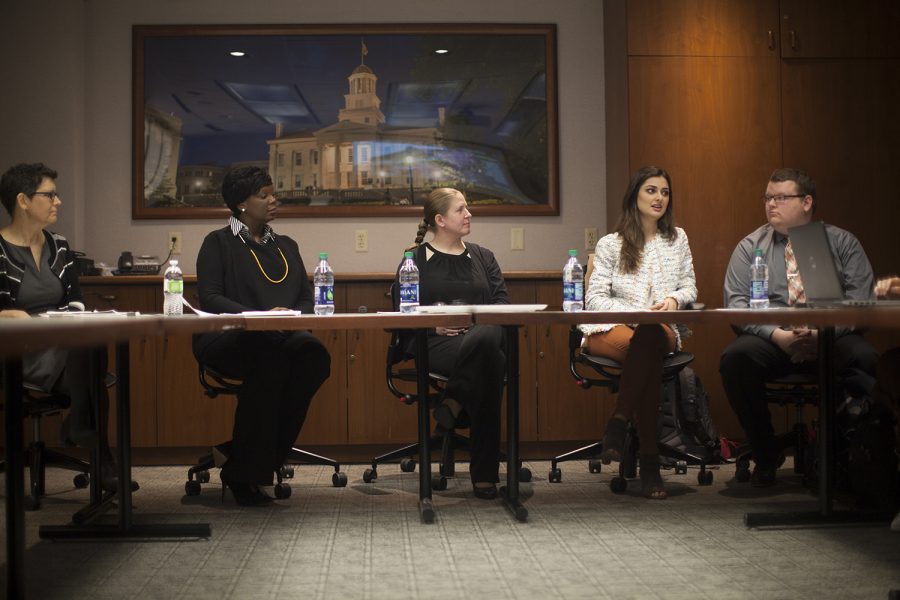 Members of the Diversity, Equity, and Inclusion Action Plan Development Group and shared governance meet in the IMU on Thursday, April 4, 2019. The group discussed the campus-climate survey results and unveiled the UIs new Diversity, Equity, and Inclusion Action Plan.  