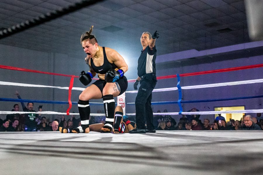 Saleena Ziadeh celebrates knocking out Vanessa Lebron during the Midwest Kickboxing Championship in Cedar Rapids on Saturday, March 2, 2019. This was Saleenas first knockout in nine amateur bouts. 