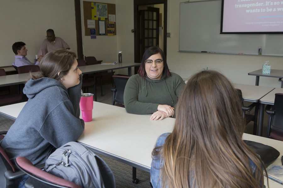 Participants discuss examples and consequences of harmful language at a brown bag event for Trans Week of Action in North Hall on Wednesday, April 24, 2019. 