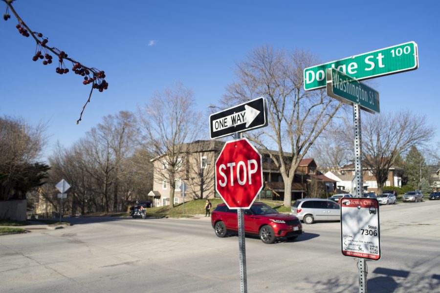 The Dodge St. sign is seen on Monday April 8, 2019. Dodge St. has been known to have poor conditions and will be under construction in the coming years. (Michael Guhin/The Daily Iowan)