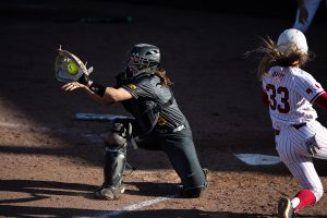 Iowa catcher Abby Lien catches a ball during the game against Nebraska at the Bob Pearl Softball Field on Wednesday, April 24, 2019. 
