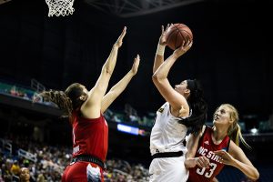Iowa center Megan Gustafson prepares to shoot the ball during the NCAA Sweet 16 game against NC State at the Greensboro Coliseum Complex on Saturday, March 30, 2019. The Hawkeyes defeated the Wolfpack 79-61. (Katina Zentz/The Daily Iowan)