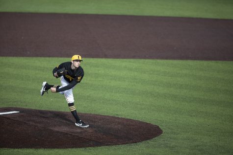 Hawkeye pitcher Trenton Wallace pitches during the baseball game against Illinois at Duane Banks Field on March 30, 2019. The Hawkeyes defeated the Fighting Illini 2-1 after the 9th inning.(Ryan Adams/The Daily Iowan)