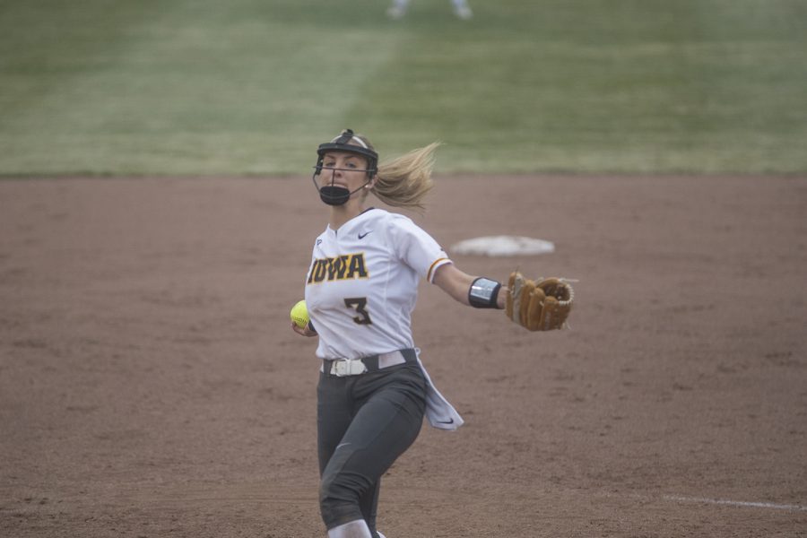 Iowa pitcher Allison Doocy brings fresh aggression to the sixth inning during the conference opening softball game at Pearl Field on Friday, March 29, 2019. Doocy had an injury scare during the fourth quarter but continued to pitch the rest of the game. The Wildcats defeated the Hawkeyes 5-1. 