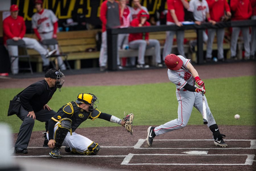 Iowa's Austin Martin misses a pitch during a baseball game against Illinois State on Wednesday, Apr. 3, 2019. The Hawkeyes lost to the Redbirds 11-6. (Roman Slabach/The Daily Iowan)