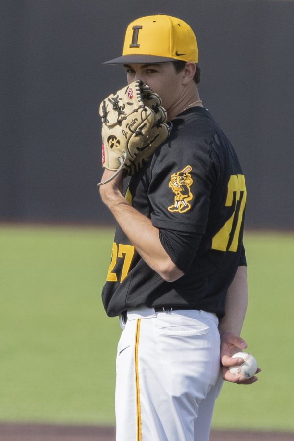 Iowa pitcher Jason Foster stares down the plate during the afternoon Iowa vs Rutgers game at Duane Banks Field on Saturday, April 7, 2019. The Hawkeyes defeated the Scarlet Knights 9-5. 