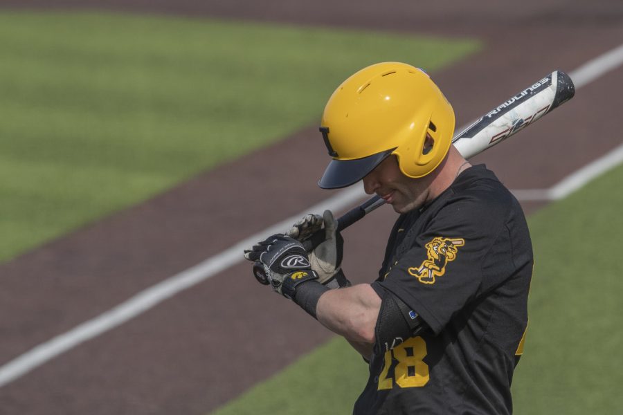 Iowa fielder Chris Whelan steps up to bat during the sixth inning of the afternoon Iowa vs Rutgers game at Duane Banks Field on Saturday, April 7, 2019. The Hawkeyes defeated the Scarlet Knights 9-5. 