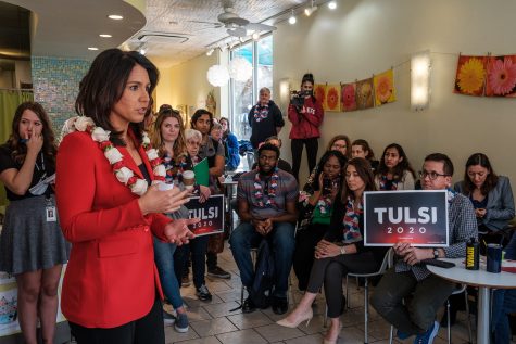 Rep. Tulsi Gabbard, D-Hawaii, speaks to the audience during a meet-and-greet at Yotopia in Iowa City on Tuesday, April 16, 2019. Attendees gathered to listen to Gabbard discuss topics such as defunding regime changing wars, environmental policies, and health care.