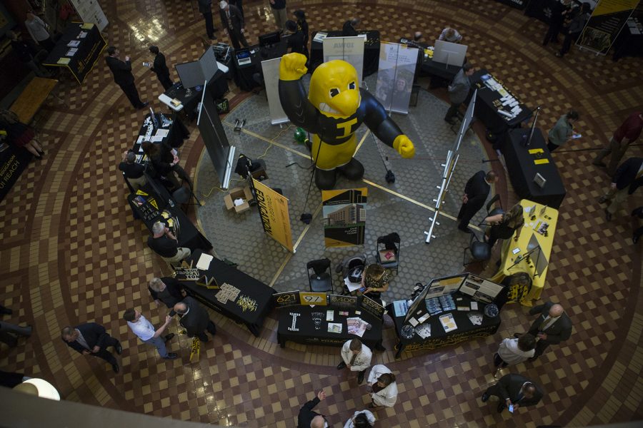 An inflatable Herky sits on the ground floor of the capitol building during the Hawkeye Caucus at the State Capitol in Des Moines on April 9, 2019. The Hawkeye Caucus provides members of the University of Iowa community to come speak with Iowa legislators. 