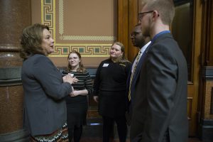 Senator Annette Sweeney speaks with UISG senators during the Hawkeye Caucus at the State Capitol in Des Moines on April 9, 2019. The Hawkeye Caucus provides members of the University of Iowa community to come speak with Iowa legislators. 