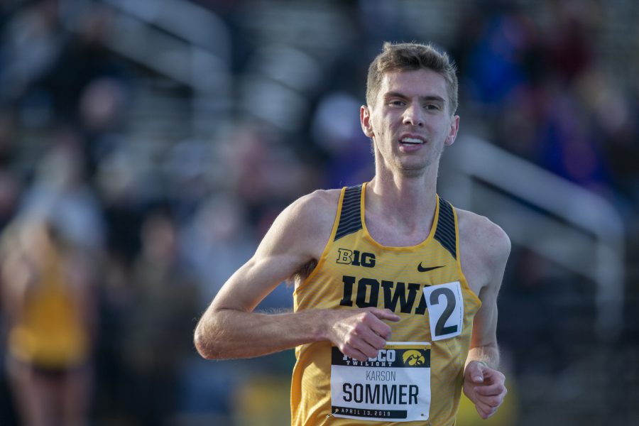 Iowa distance runner Karson Sommer runs the 3000m run at the Musco Twilight Invitational at the Cretzmeyer Track on Saturday, April 13, 2019. Sommer finished third with a time of 8:37:83. The Hawkeyes won 10 events during the meet. The Iowa women ranked first with 183 points, and the men ranked fifth 76 points.