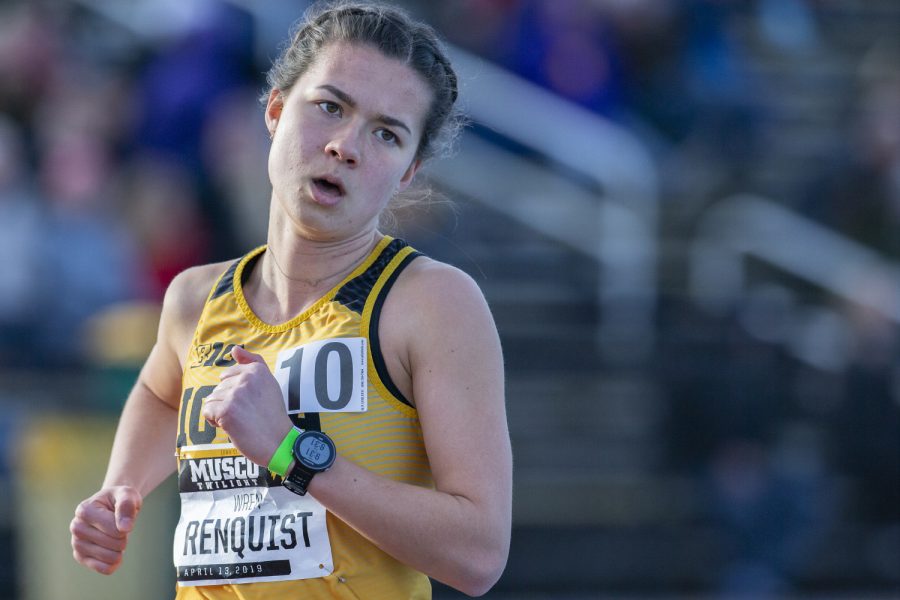 Iowa distance runner Wren Renquist runs the 3000m run at the Musco Twilight Invitational at the Cretzmeyer Track on Saturday, April 13, 2019. Renquist finished tenth with a time of 10:56:71. The Hawkeyes won 10 events during the meet. The Iowa women ranked first with 183 points, and the men ranked fifth 76 points.