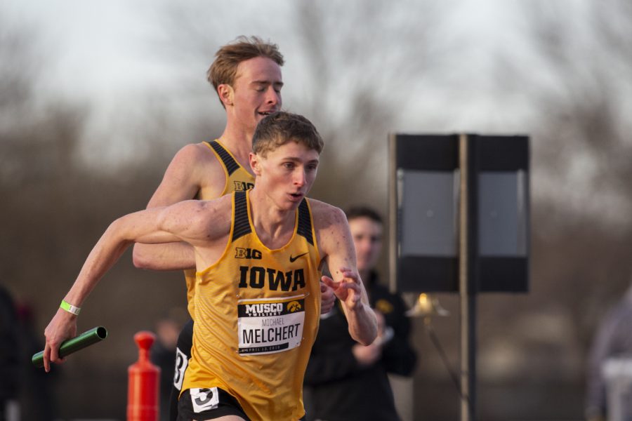 Iowa distance runner Michael Melchert starts the anchor leg of the 4x400m relay at the Musco Twilight Invitational at the Cretzmeyer Track on Saturday, April 13, 2019. The relay team placed fifth with a time of 3:34:443. The Hawkeyes won 10 events during the meet. The Iowa women ranked first with 183 points, and the men ranked fifth 76 points.