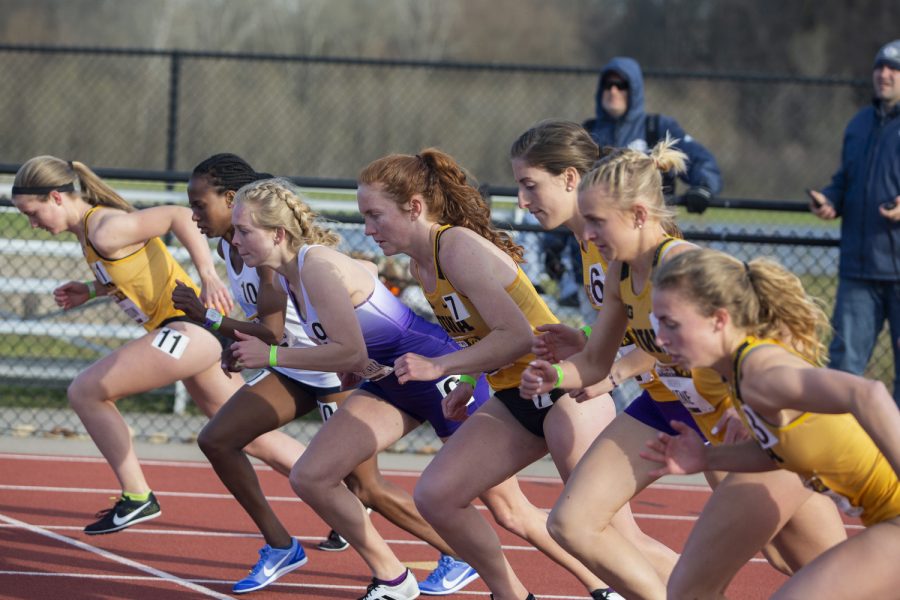 Runners start the 1500m run at the Musco Twilight Invitational at the Cretzmeyer Track on Saturday, April 13, 2019. Iowa's Sarah Schott won the race with a time of 4:33:68. The Hawkeyes won 10 events during the meet. The Iowa women ranked first with 183 points, and the men ranked fifth 76 points.