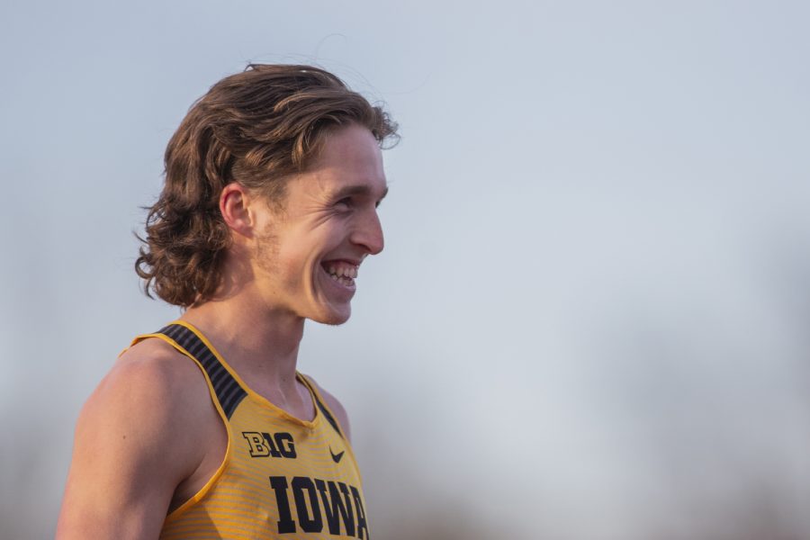 Iowa distance runner Nathan Mylenek gets ready to lead off the 4x400m relay at the Musco Twilight Invitational at the Cretzmeyer Track on Saturday, April 13, 2019. The relay team placed fifth with a time of 3:34:443. The Hawkeyes won 10 events during the meet. The Iowa women ranked first with 183 points, and the men ranked fifth 76 points.