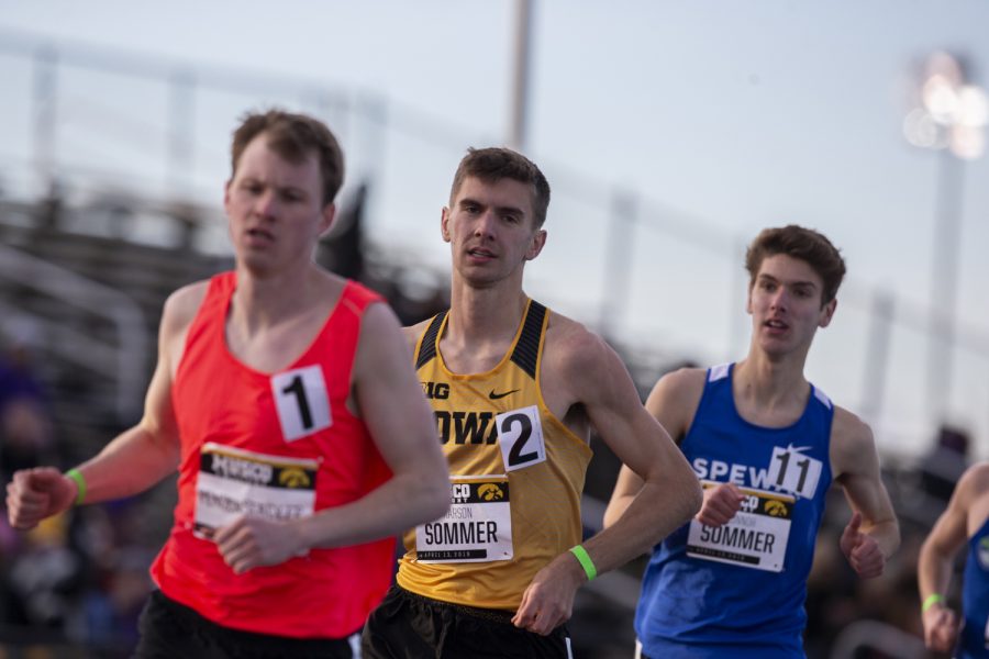 Iowa distance runner Karson Sommer runs the 3000m run at the Musco Twilight Invitational at the Cretzmeyer Track on Saturday, April 13, 2019. Sommer finished third with a time of 8:37:83. The Hawkeyes won 10 events during the meet. The Iowa women ranked first with 183 points, and the men ranked fifth 76 points.