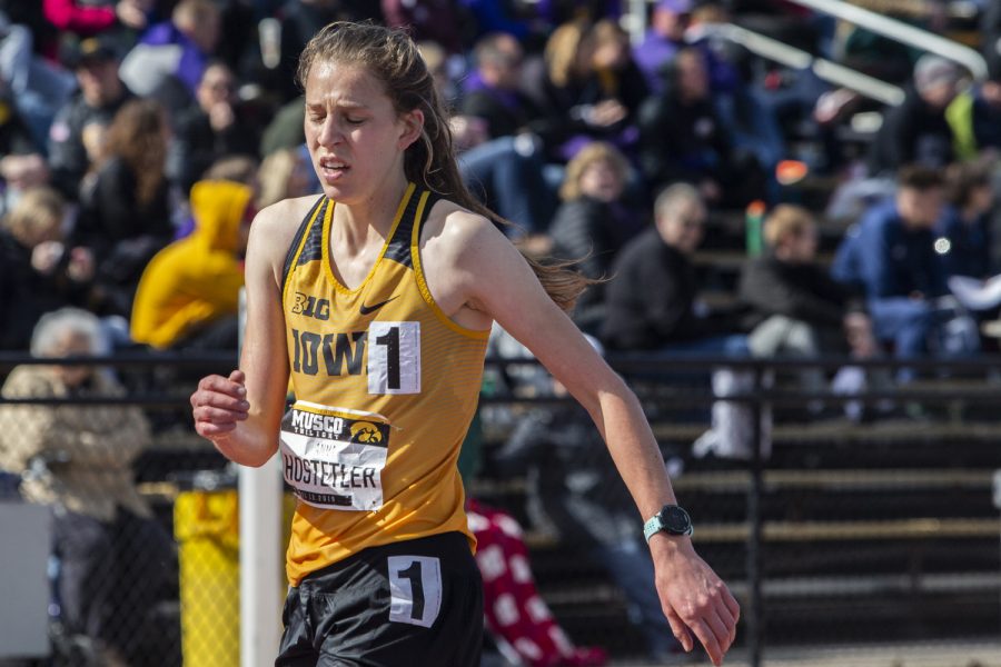 Anna Hostetler crosses the finish line after the 3000 meter steeplechase at the Musco Twilight Invitational at the Cretzmeyer Track on Saturday, April 13, 2019. Hostetler won the race with a time of 11:02:81. The Hawkeyes won 10 events during the meet. The Iowa women ranked first with 183 points, and the men ranked fifth 76 points.