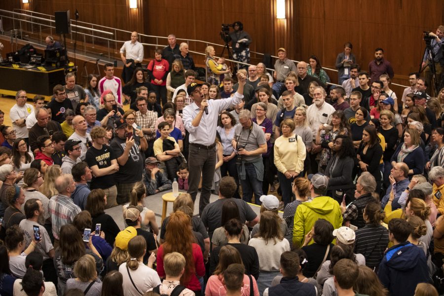 Beto O'Rourke addresses the crowd during his event in the Second Floor Ballroom of the IMU on April 7, 2019. O'Rourke will be running for the democratic nomination for president.