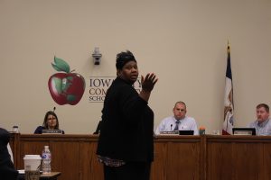 Member of the Johnson County Board of Supervisors Royceann Porter speaks to the school board during their meeting on April 23, 2019. 