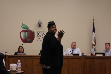 Member of the Johnson County Board of Supervisors Royceann Porter speaks to the school board during their meeting on April 23, 2019. 
