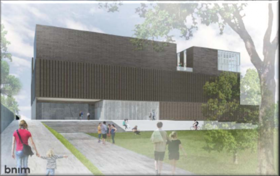 A June 2017 exterior rendering of the Stanley Museum of Art facility looking west from Gibson Square and Madison Street. (Source: State Board of Regents)