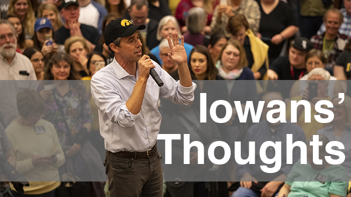 Beto O'Rourke addresses supporters during his event in the Second Floor Ballroom of the IMU on April 7, 2019. O'Rourke will be running for the democratic nomination for president. (Katie Goodale/The Daily Iowan)
