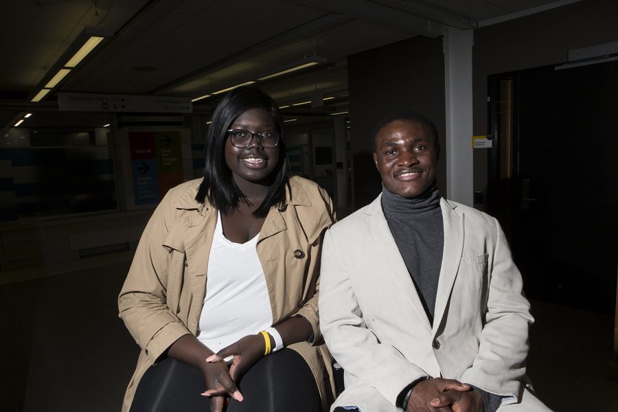 Adiu Arou (left) and Dady Mansaray pose for a portrait in the Main Library on Monday, April 1, 2019. Mansaray and Arou will be running for president and vice president on the UI Charge ticket.