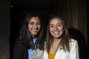 Candidates Madhari Belkale (left) and Alexia Sánchez pose for a portrait in Stanley residence hall on April 1, 2019. Sánchez and Belkale are running for president and vice president for Inspire UI. 