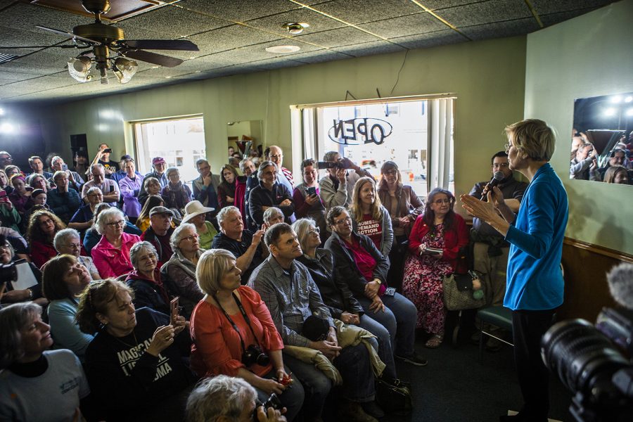 Sen. Elizabeth Warren, D-Mass., speaks during a presidential campaign event at the Tipton Family Restaurant in Tipton on Friday, April 26, 2019. 