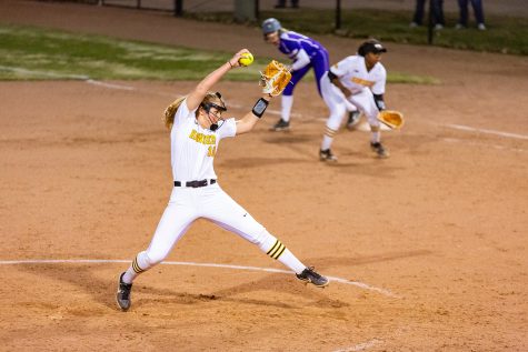 Iowa pitcher Sarah Lehman winds up to pitch during a softball game against Western Illinois on Wednesday, Mar. 27, 2019. The Fighting Leathernecks defeated the Hawkeyes 10-1. 