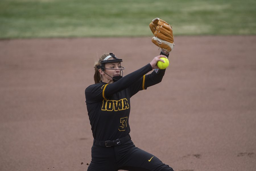 Pitcher Allison Doocy winds up to throw the first pitch during softball against Northwestern on Bob Pearl Field on March 30, 2019. 