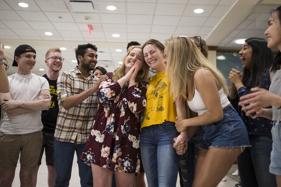 UISG president-elect, Noel Mills, and vice president-elect, Sarah Henry, celebrate winning the 2019 UISG Executive ballot at the IMU on Monday, April 8, 2019. Ignite Iowa received the majority of votes at 1,568 or 53.28%. (Alyson Kuennen/The Daily Iowan)