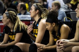 Iowa forward Hannah Stewart gets emotional at the end of the NCAA Elite 8 game against Baylor at the Greensboro Coliseum Complex on Monday, April 1, 2019. The Bears defeated the Hawkeyes 85-53.