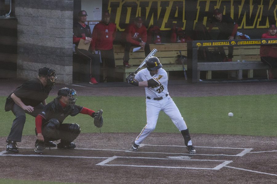 Iowa's Chris Whelen watches the ball in the game against Rutgers at Duane Banks Field on Friday, April 5, 2019. The Hawkeyes defeated the Rutgers Scarlett Knights, 6-1.