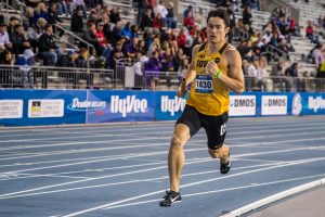 Iowas Carter Lilly rounds the track during the mens 4x800m race at the 2019 Drake Relays in Des Moines, IA, on Friday, April 26, 2019. 