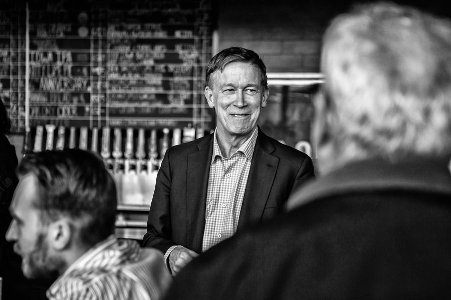 Former Colorado Gov. John Hickenlooper meets with supporters at Backpocket Brewery in Coralville on Friday, April 12, 2019.